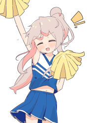 Rule 34 | 1girl, :d, absurdres, ahoge, arm up, bare arms, blue skirt, blush, cheerleader, closed eyes, commentary, cowboy shot, dot nose, facing viewer, flying sweatdrops, genderswap, genderswap (mtf), grey hair, highres, holding, holding pom poms, long hair, midriff peek, multicolored hair, navel, onii-chan wa oshimai!, open mouth, oyama mahiro, pink hair, pleated skirt, pom pom (cheerleading), pom poms, ponytail, shirt, simple background, skirt, sleeveless, sleeveless shirt, smile, solo, sweat, two-tone hair, white background, yama h15