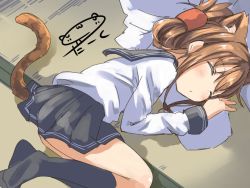 Rule 34 | 10s, 1girl, admiral (kancolle), animal ears, artist name, brown hair, cat ears, cat tail, commentary request, darkside, closed eyes, folded ponytail, inazuma (kancolle), kantai collection, kemonomimi mode, kneehighs, lap pillow, lying, on side, school uniform, serafuku, skirt, sleeping, socks, solo focus, tail