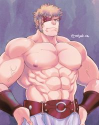 Rule 34 | 1boy, abs, bara, character request, copyright request, cowboy shot, eyepatch, hands on own hips, large pectorals, long sideburns, male focus, mature male, muscular, muscular male, nipples, pectorals, sekijaku, short hair, sideburns, solo, stomach, topless male, veins