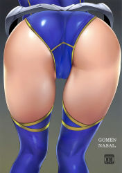 Rule 34 | 1girl, absurdres, artoria pendragon (fate), artoria pendragon (lancer) (fate), ass, ass focus, blue leotard, blue thighhighs, cameltoe, content rating, cyclone (reizei), fate/grand order, fate (series), from behind, grey background, groin, head out of frame, highres, kneepits, legs, legs apart, leotard, shiny clothes, simple background, solo, standing, thighhighs, thighs