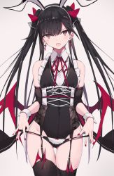Rule 34 | 1girl, :o, animal ears, bare shoulders, black hair, black leotard, black panties, black thighhighs, bow, cowboy shot, demon wings, detached collar, detached sleeves, earrings, fake animal ears, fangs, frills, garter straps, hair bow, hairband, jewelry, leotard, long hair, looking at viewer, nail polish, nanananana, neck ribbon, open mouth, original, panties, rabbit ears, red eyes, red nails, ribbon, skindentation, solo, sweatdrop, thighhighs, thighs, twintails, underbust, underwear, very long hair, wide sleeves, wing collar, wings, wrist cuffs
