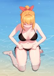 Rule 34 | 1girl, bad id, bad pixiv id, bare arms, bare shoulders, barefoot, bikini, black bikini, blush, breasts, caustics, cleavage, closed mouth, collarbone, day, closed eyes, facing down, gluteal fold, hair intakes, hair ribbon, highres, large breasts, long hair, narynn, narynn (character), navel, nose blush, orange hair, original, outdoors, ponytail, ribbon, side-tie bikini bottom, solo, stomach, swimsuit, thighs, wading, water