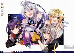 4girls :d ;d anby_demara bare_shoulders belle_(zenless_zone_zero) black_gloves black_shirt blonde_hair commentary company_connection crossover genshin_impact gloves green_eyes grey_hair honkai:_star_rail honkai_(series) honkai_impact_3rd kiana_kaslana kiana_kaslana_(herrscher_of_finality) long_hair looking_at_viewer lumine_(genshin_impact) march_7th_(honkai:_star_rail) mihoyo multiple_girls one_eye_closed open_mouth paimon_(genshin_impact) purple_eyes purple_hair shirt short_hair smile stelle_(honkai:_star_rail) takamatsu_(yamajiai) trailblazer_(honkai:_star_rail) trait_connection very_long_hair yellow_eyes zenless_zone_zero