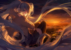 Rule 34 | 1girl, blue eyes, blue hair, cityscape, cloud, floating hair, glow (vocaloid), hatsune miku, headphones, long hair, looking at viewer, looking back, matching hair/eyes, pleated skirt, rella, revision, skirt, sky, solo, sunset, thighhighs, twintails, very long hair, vocaloid, zettai ryouiki