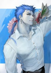 Rule 34 | 1boy, absurdres, alternate costume, blue hair, bouquet, buttons, closed mouth, collarbone, collared shirt, cu chulainn (fate), cu chulainn (fate/stay night), dress shirt, earrings, fate/stay night, fate (series), flower, highres, holding, holding bouquet, jewelry, long hair, long sleeves, looking at viewer, male focus, pink flower, ponytail, red eyes, shirt, solo, white shirt, yangga909
