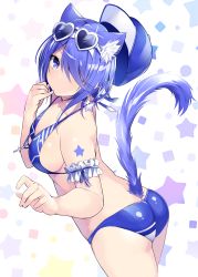 Rule 34 | 1girl, animal ear fluff, animal ears, arm garter, ass, bare shoulders, baseball cap, bikini, blue bikini, blue eyes, blue hair, blue hat, blush, breasts, butt crack, cat ears, cat girl, cat tail, cleavage, closed mouth, collarbone, commentary request, cowboy shot, cross, earrings, expressionless, extra ears, eyewear on head, glint, hair over one eye, halterneck, hand up, hat, heart, heart-shaped eyewear, heart-shaped glasses, heart-shaped sunglasses, highres, jewelry, kurebayashi noe, large breasts, latin cross, looking at viewer, looking back, looking to the side, medium breasts, original, short hair, sidelocks, simple background, solo, standing, star (symbol), star earrings, star print, star tattoo, sunglasses, swimsuit, tail, tattoo, thighs