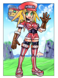 Rule 34 | 1girl, adapted costume, belt, black thighhighs, blonde hair, blouse, bodysuit, boots, border, breasts, brown gloves, buttons, capcom, cloud, day, framed, full body, gloves, green eyes, hat, highres, legs apart, medium breasts, mega man (series), mega man legends (series), oomasa teikoku, open mouth, red hat, red shirt, roll caskett (mega man), shirt, shorts, sidelocks, skin tight, sky, smile, solo, solo focus, spiked hair, standing, thighhighs, tighboots, zettai ryouiki