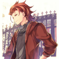 Rule 34 | 10s, 1boy, artist name, black scarf, black shirt, building, fence, granblue fantasy, jacket, looking at viewer, male focus, mansion, open clothes, open jacket, percival (granblue fantasy), red eyes, red hair, red jacket, scarf, shirt, shuri yasuyuki, simple background, smirk, solo, twitter username, upper body, watermark, white background