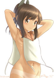 Rule 34 | 1girl, arms behind head, breasts, brown eyes, brown hair, hair ornament, hairclip, i-401 (kancolle), kantai collection, no panties, orange sailor collar, out-of-frame censoring, ponytail, ray.s, sailor collar, short hair, side-tie shirt, sidelocks, simple background, small breasts, solo, tan, tanline, twitter username, white background