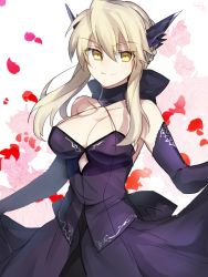 Rule 34 | 1girl, artoria pendragon (fate), artoria pendragon (lancer alter) (fate), black ribbon, blonde hair, braid, breasts, choker, cleavage, cosplay, cowboy shot, elbow gloves, fate/grand order, fate (series), french braid, gloves, large breasts, nikame, petals, ribbon, ribbon choker, rose petals, saber alter, saber alter (cosplay), sidelocks, smile, solo, white background, yellow eyes