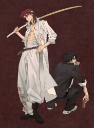 Rule 34 | 2boys, absurdres, alternate costume, banchou, belt, black eyes, black footwear, black hair, black jacket, black pants, bokken, boots, brown belt, can, cigarette, closed mouth, coat, commentary, delinquent, frown, full body, headband, highres, holding, holding can, holding cigarette, ichijou seiya, jacket, kaiji, long hair, looking afar, looking at viewer, looking back, male focus, midriff sarashi, multiple boys, open clothes, open coat, pants, red background, red eyes, red hair, sarashi, shoes, short hair, smoking, sneakers, squatting, sword, tokkoufuku, weapon, white coat, white footwear, white headband, white pants, wooden sword, xt1125cj