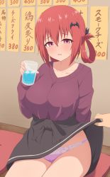 Rule 34 | 1girl, assisted exposure, black ribbon, blush, clothes lift, gabriel dropout, highres, long hair, nyaroon, open mouth, panties, purple eyes, purple panties, red hair, ribbon, ribbon hair, satanichia kurumizawa mcdowell, skirt, skirt lift, sweatdrop, underwear