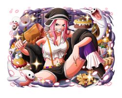 Rule 34 | 1girl, boned meat, cake, cherry, cupcake, eating, food, fruit, ghost, hat, holding, holding food, jewelry bonney, meat, official art, one piece, one piece treasure cruise, pink hair, teeth