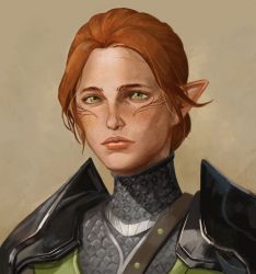 Rule 34 | 1girl, armor, chainmail, cheetahman (1ddghfr78cswc), dragon age, dragon age: inquisition, elf, facial tattoo, freckles, green eyes, hair bun, highres, inquisitor (dragon age), lips, parted bangs, pauldrons, pointy ears, portrait, red hair, shoulder armor, simple background, single hair bun, solo, tattoo, upper body