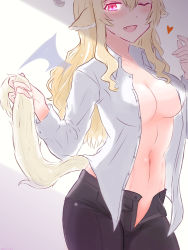 Rule 34 | 1girl, ;d, animal ear fluff, animal ears, black pants, blonde hair, blush, breasts, buttons, chibinekopan, cleavage, collarbone, collared shirt, commentary, cowboy shot, demon girl, demon horns, demon wings, drawn wings, dress shirt, fang, fingernails, glowing, glowing eyes, goat ears, grey background, hair between eyes, hands up, heart, highres, holding own tail, horns, light particles, long hair, long sleeves, looking at viewer, medium breasts, navel, no bra, no panties, one eye closed, open clothes, open fly, open mouth, open pants, open shirt, pants, pink eyes, pussy, pussy peek, saijou claudine, shade, shirt, shoujo kageki revue starlight, sidelocks, smile, solo, standing, stomach, tail, two-tone background, wavy hair, white background, white shirt, wings