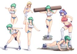Rule 34 | 3girls, abs, absurdres, bare shoulders, blonde hair, blue hair, breasts, carrying, cleavage, crop top, crying, exercising, closed eyes, feet together, foot on back, frog hair ornament, frown, green eyes, green hair, hair bun, hair ornament, hair ribbon, hair tubes, hair up, hands on own hips, hater (hatater), highres, kochiya sanae, large breasts, leaf hair ornament, leaning forward, leg up, long hair, looking to the side, looking up, moriya suwako, multiple girls, multiple views, muscular, muscular female, navel, onbashira, push-ups, red eyes, ribbon, running, shoes, short hair, simple background, single hair bun, sneakers, socks, split, standing, standing on one leg, standing on person, stomach, strapless, stretching, tank top, tears, thighhighs, toned, touhou, training, tube top, weights, white background, white legwear, wristband, yasaka kanako