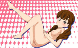 Rule 34 | 1girl, barefoot, blush, breasts, brown hair, cleft of venus, feet, highres, k-on!, long hair, medium breasts, navel, nipples, nude, rm (rm32), solo, spread toes, toes, twintails, uncensored, wakaouji ichigo