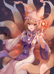 Rule 34 | 1girl, absurdres, animal ears, blonde hair, breasts, dress, fire, fox ears, fox tail, hat, highres, koizumo, large breasts, mob cap, multiple tails, open mouth, short hair, smile, solo, tabard, tail, touhou, white dress, white hat, wide sleeves, yakumo ran, yellow eyes