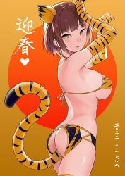 Rule 34 | 1girl, absurdres, alone belm, anal tail, animal ears, animal print, ass, blush, breasts, brown hair, butt plug, chinese zodiac, elbow gloves, fake animal ears, fake tail, gloves, heart, highres, large breasts, original, print gloves, short hair, solo, tail, tiger ears, tiger print, tiger tail, year of the tiger, yellow eyes