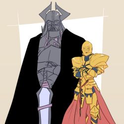Rule 34 | 2boys, armor, black cape, c-3po, c-3po (cosplay), cape, cosplay, crossed arms, darth vader, darth vader (cosplay), facing viewer, fate/grand order, fate (series), gauntlets, gilgamesh (fate), gold armor, height difference, helmet, horns, king hassan (fate), mask, multiple boys, pauldrons, shoulder armor, standing, star wars, sword, weapon, xxtakin