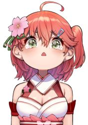 Rule 34 | 1girl, ahoge, bare shoulders, breasts, cleavage, flower, green eyes, hair flower, hair ornament, highres, hololive, large breasts, looking at viewer, medium hair, mikan (chipstar182), obi, one side up, open mouth, pink flower, red hair, red sash, sakura miko, sakura miko (old design), sash, simple background, solo, tears, textless version, upper body, virtual youtuber, white background, wide-eyed