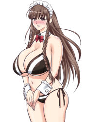 Rule 34 | 1girl, black eyes, blush, braid, breasts, brown hair, cleavage, huge breasts, long hair, looking at viewer, maid, maid headdress, navel, parted lips, smile, solo, standing, swimsuit, tatsunami youtoku