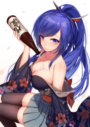 Rule 34 | 1girl, arm support, bare shoulders, bison cangshu, black thighhighs, blue hair, blush, bottle, breasts, bust cup, cleavage, collarbone, from side, green skirt, hair ornament, hair ribbon, highres, holding, holding bottle, japanese clothes, kimono, large breasts, long hair, looking at viewer, obi, off shoulder, pleated skirt, ponytail, pouring, pouring onto self, purple eyes, purple hair, ribbon, sash, shinano (warship girls r), sidelocks, simple background, sitting, skirt, smile, solo, sparkle, tareme, thighhighs, very long hair, warship girls r, white background