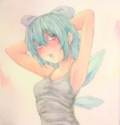 Rule 34 | 1girl, acrylic paint (medium), armpits, arms behind head, blue eyes, blue hair, blush, bow, breasts, cirno, contemporary, graphite (medium), hair bow, highres, ice, ice wings, looking back, matching hair/eyes, open mouth, painting (medium), short hair, small breasts, solo, tank top, touhou, traditional media, upper body, watercolor (medium), wings, yuyu (00365676)