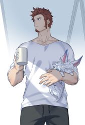 Rule 34 | 00047, 1boy, beard, blue eyes, brown hair, casual, creature, cup, facial hair, fate/grand order, fate (series), fou (fate), holding, long sideburns, looking to the side, male focus, mug, napoleon bonaparte (fate), pants, pectorals, shade, short sleeves, sideburns, simple background, sleeping, solo, standing