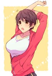 Rule 34 | 1girl, :o, arms up, black hair, blush, breasts, collarbone, cropped legs, highres, holding own arm, idolmaster, idolmaster cinderella girls, jacket, large breasts, looking at viewer, oikawa shizuku, open clothes, open jacket, partially unzipped, red jacket, shirt, shiyu (hagiwara shiyu), short hair, simple background, solo, stretching, triangle print, white shirt, yellow background