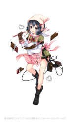 Rule 34 | 1girl, alternate costume, apron, boots, candy, chocolate, chocolate bar, cooking, copyright notice, earphones, food, formation girls, looking at viewer, official art, ririkuto, simple background, solo, takato matsuri, transparent background, whisk, white background