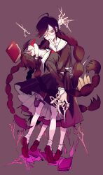 Rule 34 | 2girls, ahoge, arm around back, arm around waist, bags under eyes, biting, blade, book, boxcutter, braid, brown footwear, collar, collared shirt, crazy, crazy eyes, crazy smile, danganronpa: trigger happy havoc, danganronpa (series), dual persona, falling, floating hair, frown, fukawa toko, full body, genocider shou, glasses, highres, holding, holding scissors, holding waist, holster, loafers, long hair, long sleeves, long tongue, looking at viewer, low twin braids, low twintails, midriff, midriff peek, mole, mole under mouth, multiple girls, nail biting, nervous, paper, parted lips, pleated skirt, red eyes, round eyewear, sailor, sailor collar, school uniform, scissor holster, scissors, serafuku, shirt, shoes, sidelocks, skirt, smile, socks, standing, sweat, nervous sweating, swept bangs, thigh holster, tiptoes, tongue, tongue out, twin braids, twintails, very long hair, white collar, white socks, x (comira)