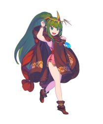 Rule 34 | 1girl, arm up, armpits, bracelet, brown footwear, cape, dress, enkyo yuuichirou, fire emblem, fire emblem: mystery of the emblem, fire emblem heroes, full body, green eyes, green hair, highres, hood, hood down, jewelry, long hair, looking at viewer, nintendo, non-web source, official art, open mouth, pink dress, pink legwear, pointy ears, ponytail, short dress, sidelocks, smile, solo, standing, stone, thick thighs, thighs, tiara, tiki (fire emblem), tiki (young) (fire emblem), transparent background, very long hair