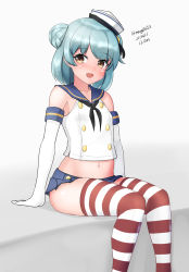 Rule 34 | 1girl, black hairband, black neckerchief, black ribbon, blue hair, blue sailor collar, blue skirt, brown eyes, commentary request, cosplay, crop top, dixie cup hat, double bun, elbow gloves, feet out of frame, gloves, hair bun, hairband, hat, hat ribbon, highres, kantai collection, maru (marg0613), microskirt, military hat, miniskirt, neckerchief, ribbon, sailor collar, samuel b. roberts (kancolle), shimakaze (kancolle), shimakaze (kancolle) (cosplay), short hair, sitting, skirt, solo, striped clothes, striped thighhighs, thighhighs, white gloves, white headwear