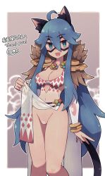 Rule 34 | 1girl, :d, ahoge, animal ear fluff, animal ears, areola slip, bar censor, blue eyes, blue hair, breasts, censored, cleavage, cleft of venus, clothes lift, commission, detached sleeves, eye mask, fingernails, goinkyo, hair between eyes, highres, lamb-oic029, lifting own clothes, long hair, long sleeves, looking at viewer, medium breasts, navel, open mouth, pelvic curtain, pelvic curtain lift, pussy, ragnarok online, signature, skeb commission, smile, solo, standing, tail, thank you, very long hair