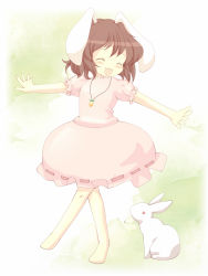 Rule 34 | 1girl, animal ears, barefoot, brown hair, rabbit, rabbit ears, carrot, carrot necklace, dress, closed eyes, happy, inaba tewi, jewelry, necklace, open mouth, outstretched arms, pendant, pink dress, puffy sleeves, ribbon-trimmed clothes, ribbon trim, short sleeves, smile, solo, touhou, walking, yanmarson