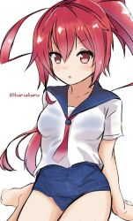 Rule 34 | 1girl, ahoge, blush, breasts, buriaburu, hair ornament, hair ribbon, i-168 (kancolle), kantai collection, long hair, medium breasts, one-hour drawing challenge, open mouth, ponytail, red eyes, red hair, ribbon, school swimsuit, school uniform, serafuku, sitting, smile, solo, swimsuit, swimsuit under clothes, twitter username