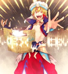 Rule 34 | &gt;:d, 1boy, :d, arabian clothes, blonde hair, fate/grand order, fate (series), gilgamesh (fate), gilgamesh (caster) (fate), highres, male focus, open mouth, ponita, red eyes, runes, smile, solo, stone tablet, sumerian, turban, v-shaped eyebrows, wall
