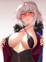 Rule 34 | 1girl, ahoge, bikini, bikini top only, black bikini, black dress, blue coat, blush, breasts, breasts out, cleavage, coat, collarbone, commentary request, dress, fate/grand order, fate (series), fur-trimmed coat, fur trim, hair between eyes, halterneck, jeanne d&#039;arc (fate), jeanne d&#039;arc alter (fate), jeanne d&#039;arc alter (ver. shinjuku 1999) (fate), large breasts, looking at viewer, official alternate costume, open clothes, open coat, short hair, shunichi, silver hair, solo, sweat, swimsuit, wicked dragon witch ver. shinjuku 1999, yellow eyes
