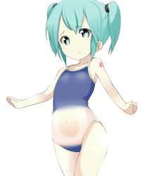Rule 34 | 1girl, bad id, bad pixiv id, competition school swimsuit, green eyes, green hair, hatsune miku, long hair, matching hair/eyes, one-piece swimsuit, school swimsuit, simple background, solo, swimsuit, tamakorogashi, tattoo, vocaloid, white background