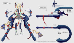 Rule 34 | ahoge, androgynous, blonde hair, blue eyes, boots, capelet, character name, character sheet, gender request, gloves, grey background, grey shorts, horns, layered stories zero, official art, parted lips, purple thighhighs, red gloves, satantaisei (layered stories zero), short hair, short shorts, shorts, simple background, smile, solo, standing, tassel, thighhighs, watermark, weapon, white footwear, yamakawa