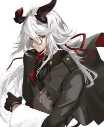 Rule 34 | 1boy, alchemy stars, ascot, black ascot, black gloves, black jacket, broken horn, closed mouth, collared shirt, frown, gloves, grey vest, horns, jacket, long hair, long sleeves, looking at viewer, male focus, minos (alchemy stars), monocle, open clothes, open jacket, red eyes, shirt, simple background, solo, towel, upper body, vest, white background, white hair, zarameru jisosaku