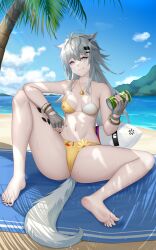 Rule 34 | 1girl, absurdres, animal ears, arknights, beach, between legs, bikini, black nails, blue eyes, breasts, can, day, fingerless gloves, floral print, full body, gloves, grin, hair between eyes, hair ornament, hairclip, hand up, head tilt, highres, holding, holding can, jewelry, knee up, lappland (arknights), legs, lrh0123, material growth, medium breasts, messy hair, nail polish, necklace, ocean, on ground, oripathy lesion (arknights), outdoors, palm tree, presenting, print bikini, scar, scar across eye, slit pupils, small breasts, smile, solo, spread legs, swimsuit, tail, tail between legs, thighs, tree, two-tone bikini, wet, white bikini, white hair, wolf ears, wolf girl, wolf tail, yellow bikini, zipper bikini, zipper pull tab
