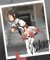 Rule 34 | 1girl, annin musou, antenna hair, bad id, bad pixiv id, black hair, blurry, brown eyes, buttons, character name, depth of field, double-breasted, double bun, feet out of frame, frilled skirt, frills, gloves, hair bun, highres, index finger raised, kantai collection, naka (kancolle), naka kai ni (kancolle), photo (object), pleated skirt, profile, puffy short sleeves, puffy sleeves, sailor collar, school uniform, serafuku, short hair, short sleeves, skirt, solo, standing, thighhighs, white gloves, white sailor collar, white thighhighs
