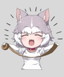 Rule 34 | 1girl, ^ ^, ahoge, animal ears, blush, breasts, chibi, closed eyes, collar, collarbone, dog (mixed breed) (kemono friends), dog ears, elbow gloves, facing viewer, fang, gloves, grey hair, kemono friends, medium breasts, multicolored hair, nyifu, open mouth, shirt, short hair, short sleeves, smile, solo, tape, white gloves, white hair, white shirt