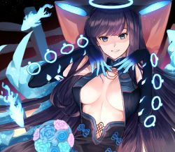 Rule 34 | 1girl, bare shoulders, black dress, black gloves, black headwear, blue eyes, blue fire, blunt bangs, blush, breasts, center opening, dress, elbow gloves, fate/grand order, fate (series), fire, fish, floral print, flute, gloves, gradient background, hair ornament, halo, hands on own chest, hands up, highres, instrument, large breasts, leaf hair ornament, long hair, looking at viewer, nekoyamiyako, pipa (instrument), purple background, purple hair, sash, smile, solo, very long hair, yang guifei (fate), yang guifei (third ascension) (fate)
