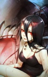 Rule 34 | 10s, 1girl, abyssal ship, bare arms, bare shoulders, battleship princess, black dress, black hair, breasts, choker, cleavage, dress, hair between eyes, horns, itou nanami, kantai collection, long hair, looking at viewer, medium breasts, oni hornds, pale skin, red eyes, skin-covered horns, solo