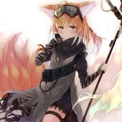 Rule 34 | 1girl, animal ear fluff, animal ears, arknights, black pants, brown eyes, brown hair, commentary request, fingerless gloves, fox ears, fox girl, fox tail, gloves, goggles, goggles on head, grey gloves, hair between eyes, highres, holding, holding staff, kitsune, mizumidori, official alternate costume, pants, solo, staff, suzuran (arknights), suzuran (lostlands flowering) (arknights), tail, torn clothes, torn pants