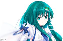 Rule 34 | 1girl, aqua eyes, arm ribbon, artist name, blue necktie, dated, detached sleeves, frog hair ornament, green hair, hair ornament, kochiya sanae, long hair, looking at viewer, necktie, outstretched arm, ribbon, simple background, smile, snake hair ornament, solo, touhou, upper body, white background, yamaguchi yuu