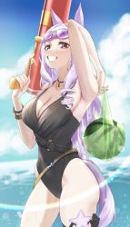 Rule 34 | 1girl, absurdres, animal ears, arm up, armpits, bare arms, bare shoulders, black choker, black one-piece swimsuit, blue sky, breasts, choker, cleavage, cloud, commentary request, cowboy shot, day, eyewear on head, food, fruit, gold ship (run revolt launcher) (umamusume), gold ship (umamusume), grin, highres, holding, holding water gun, horse ears, long hair, looking at viewer, medium breasts, mintz912, ocean, one-piece swimsuit, purple eyes, purple hair, sky, smile, solo, standing, sunglasses, swimsuit, tail, thighs, umamusume, very long hair, water gun, watermelon, white hair